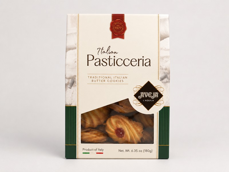 Original studio packshot of the Dolci Aveja Italian Pasticceria box on a white background